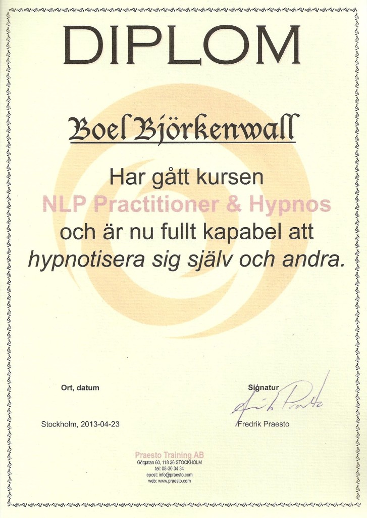 Diplom Boel Björkenwall NLP Practitioner & Hypnos